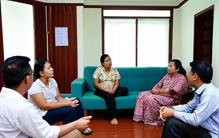 **
A group discussion among Malaysian social workers. Focus on a social worker facilitating a discussion among family members during a counseling session in a modern Malaysian home, promoting communication and conflict resolution.
**
