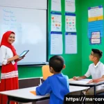 교육학과 진로 선택 - **Vibrant Modern Classroom in Malaysia**: A dynamic, brightly lit classroom in Malaysia, filled with...
