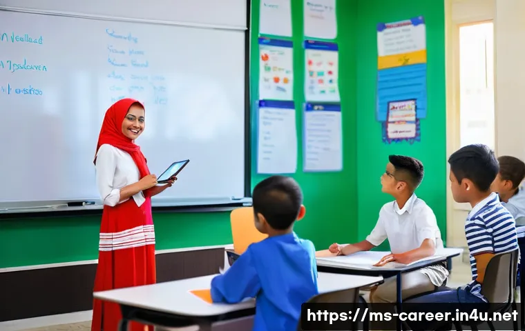교육학과 진로 선택 - **Vibrant Modern Classroom in Malaysia**: A dynamic, brightly lit classroom in Malaysia, filled with...