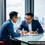 멘토링 프로그램 - A professional mentoring session in a modern Malaysian office setting, featuring a diverse middle-ag...