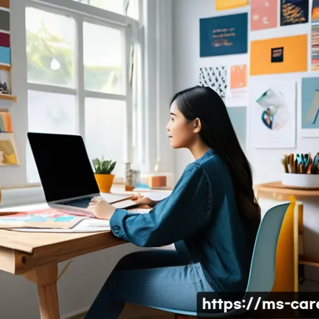 창의적인 직업 선택 방법 - A creative young Malaysian woman sitting at a modern desk in a cozy home studio, surrounded by color...