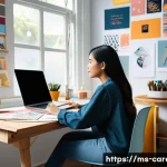 창의적인 직업 선택 방법 - A creative young Malaysian woman sitting at a modern desk in a cozy home studio, surrounded by color...