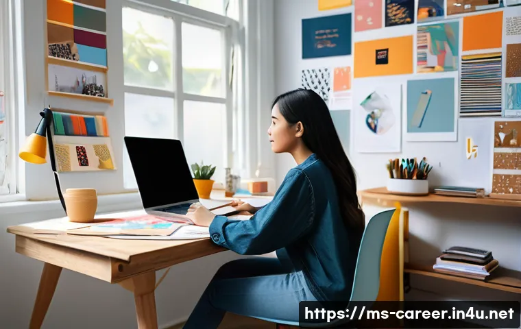 창의적인 직업 선택 방법 - A creative young Malaysian woman sitting at a modern desk in a cozy home studio, surrounded by color...