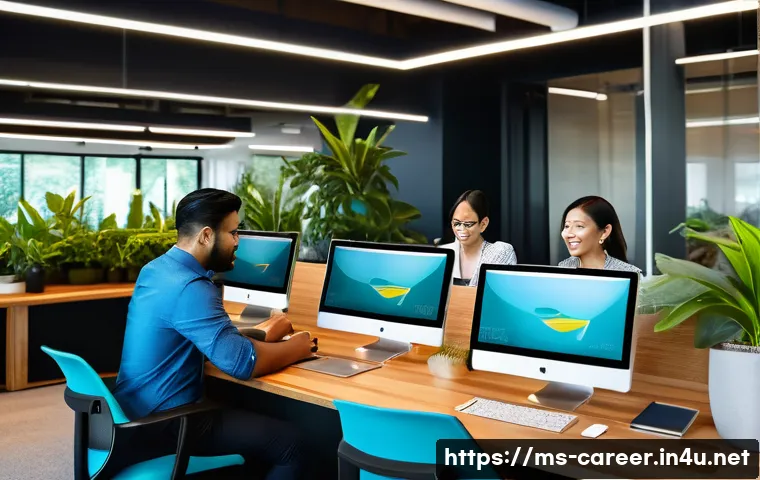 기업문화 맞춤형 진로 탐색 - A modern Malaysian office environment showing a diverse group of professionals collaborating in an o...