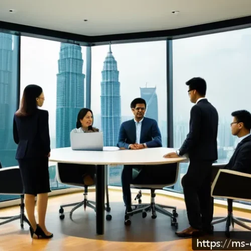 Home 30 대학생 진로탐색 - A modern Malaysian corporate office scene showing a diverse group of young professionals in business...