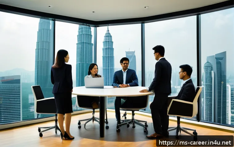 대학생 진로탐색 - A modern Malaysian corporate office scene showing a diverse group of young professionals in business...