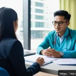 심리학 진로 탐색 - A professional Malaysian clinical psychologist in a modern hospital office setting, dressed in smart...